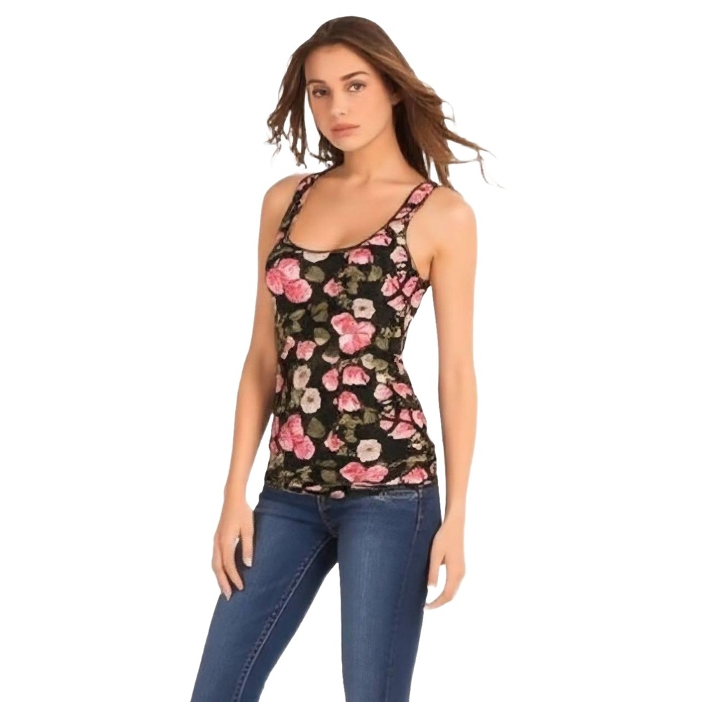 Tank Top Womens Size Small Black Pink Green Floral Print Knit Super Soft Boho‎